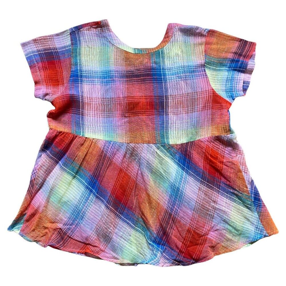 NEW Rebellion Rainbow Multicolor Plaid Bow Tie Back Short Sleeve Blouse Top sz S